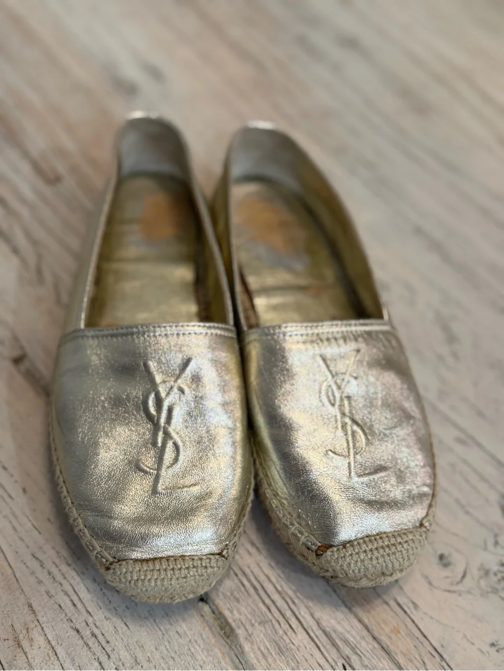 Yves Saint Laurent Gold Leather Monogram Espadrilles size 37.5